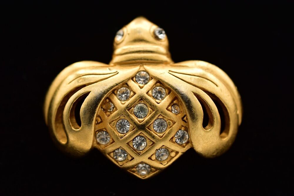 Swarovski Vintage Bee Bug Pin Brooch Brushed Gold Crystal Swan Signed 90s BinBG